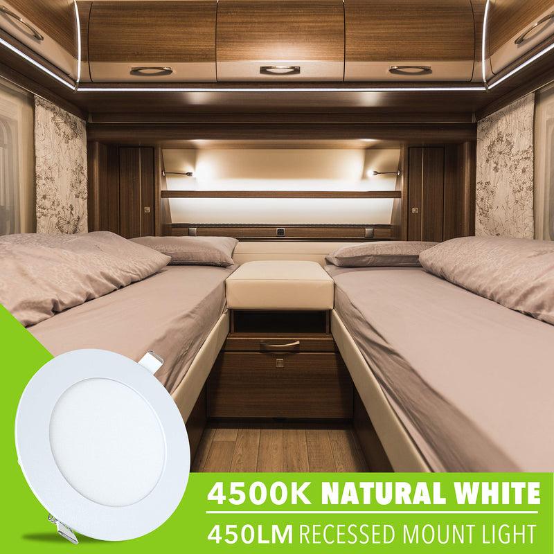 LeisureLED 5 Pack RV Boat Recessed Ceiling Light 480 Lumen Super Slim LED Panel Light DC 12V 4.75" 6W Full Aluminum Downlights, (Neutral/Natural White) Neutral / Natural White