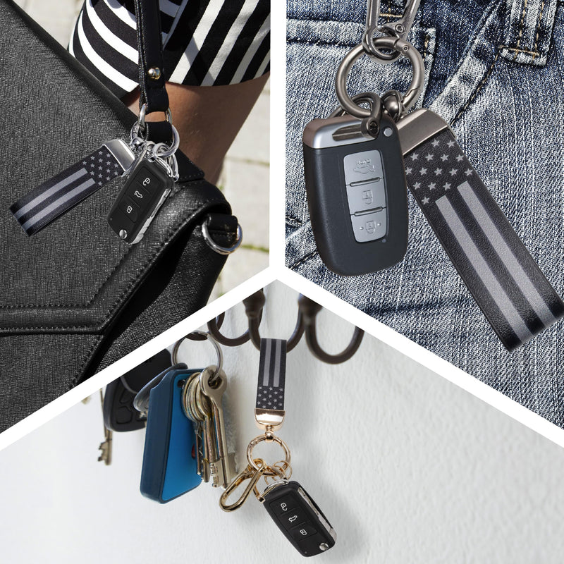 Car Key Chain, Leather Car Keychains for Men, American Usa Flag Key Chains with Anti-Lost D-Ring Black