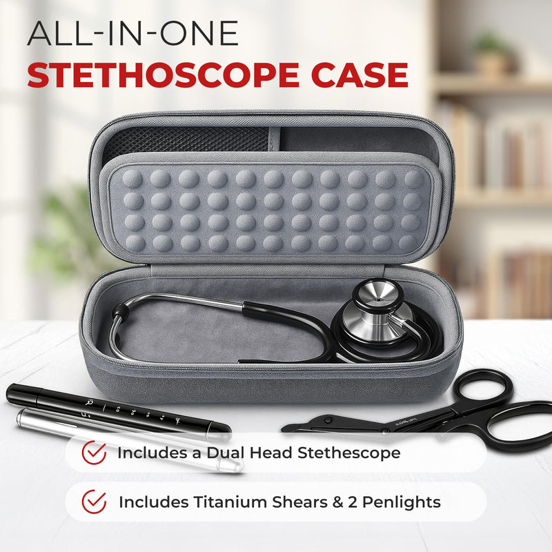 Ever Ready First Aid Stethoscope Case, Grey, with Rubber Grip Handle, Includes a Dual Head Stethescope, Titanium Shears,and 2 Penlights Black & Silver