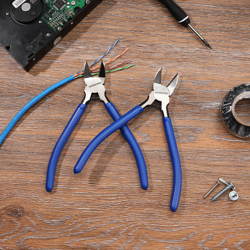 WORKPRO 2 Pack Wire Cutters, 6 Inch Precision Flush Cutters, Spring Loaded Side Cutting Pliers, Sharp Diagonal Cutters for Crafts, Jewelry Making, Electronics