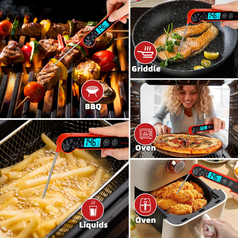  [AUSTRALIA] - Digital Meat Thermometer for Cooking – Waterproof Instant Read Food Thermometer with Backlight & Calibration, Fast Read, Folding Probe for BBQ, Grill, Candy, Deep Fry, Kitchen, Liquids, Beef（Red） Red