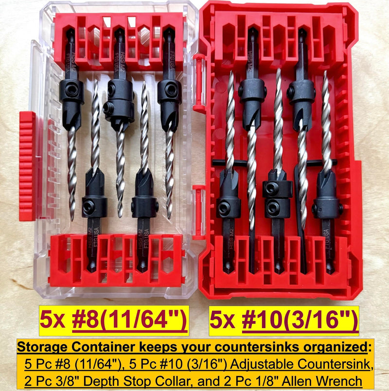 FTG USA 10 Pc #8 & #10 Countersink Drill Bit Set with Tapered Drill Bits | Includes 10 counter sink drill bit for wood, 5 pc #8 & 5 pc #10 sizes, 2 depth stop collar 3/8", 2 Allen key, storage case Same Sort 5 Pc