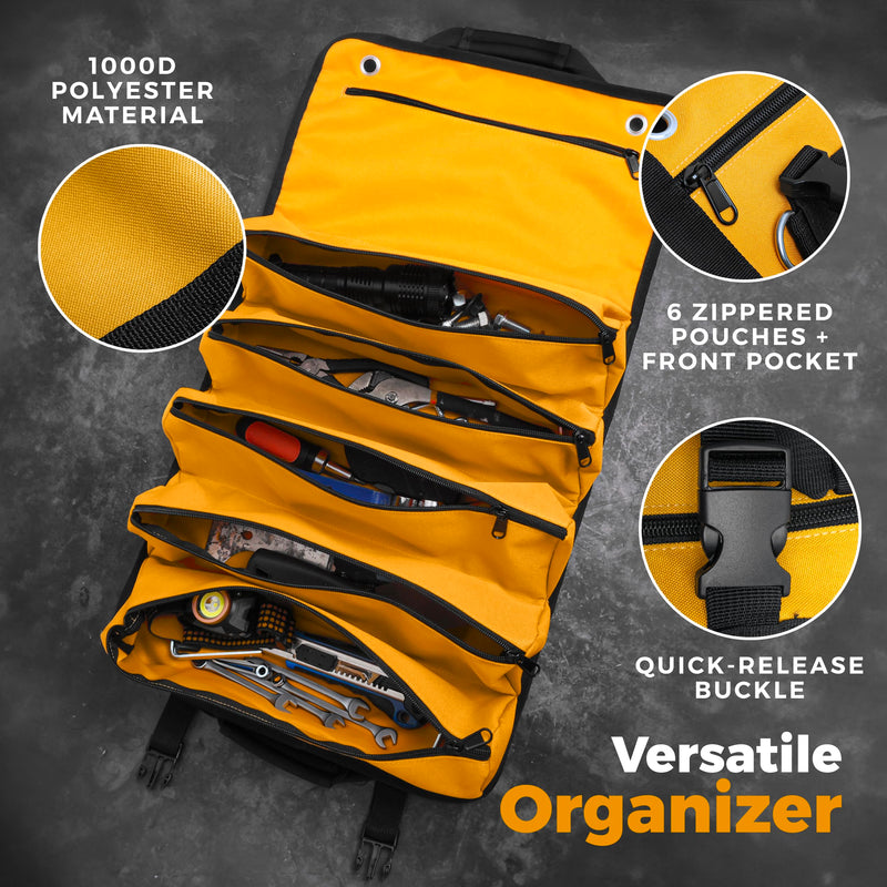 Soil & Sun Heavy Duty Tool Roll Bag Organizer - Travel roll up tool bag with 6 Zip Organizer Pouches - Compact Portable Tool Bags for Men, Contractors, Plumbers, Electricians - Man Gifts for Dad