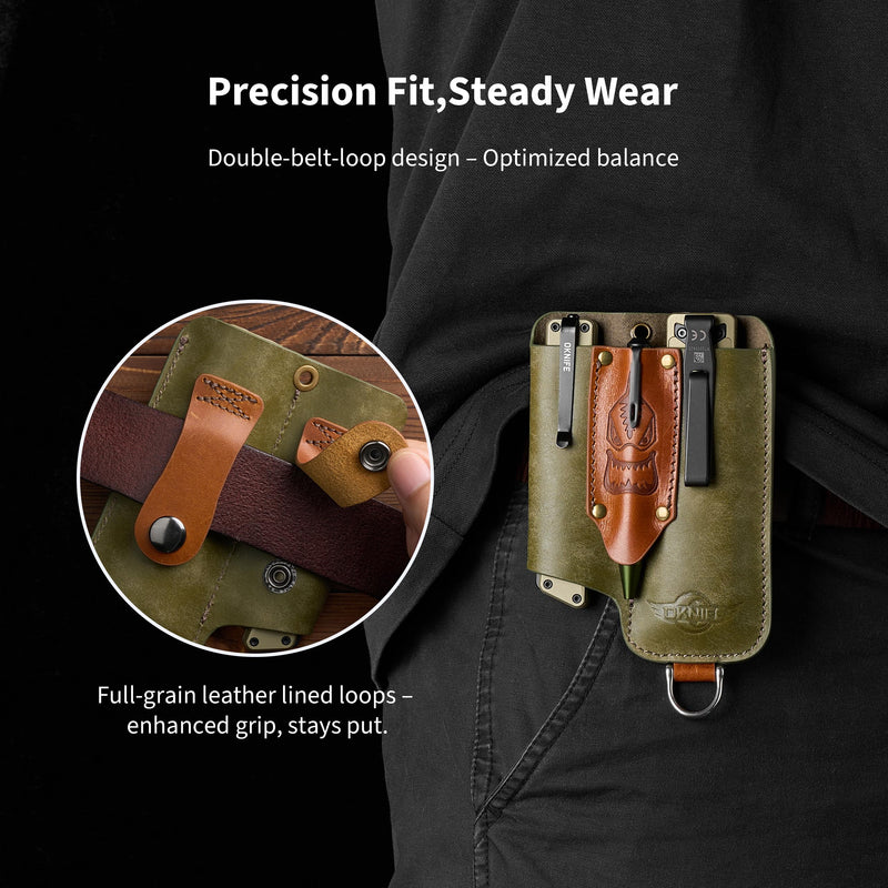 OKNIFE Osheath S1 3 in1 Leather Sheath for Flat Flashlight, Pocket Knife, Mini Pen, EDC Kit Belt Organizer for Belt with Horseshoe Buckle Keychain