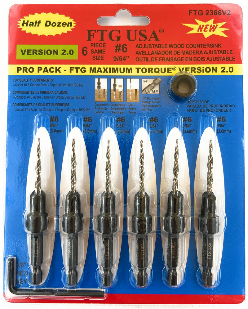 FTG USA 6 Pc #6 (9/64") Countersink Drill Bit Set with Tapered Drill Bits | 6 counter sink drill bit for wood, all same size. Includes 1 depth stop 3/8", 1 hex key; pre-drill woodworking boring tool Same Sort 6 Pc