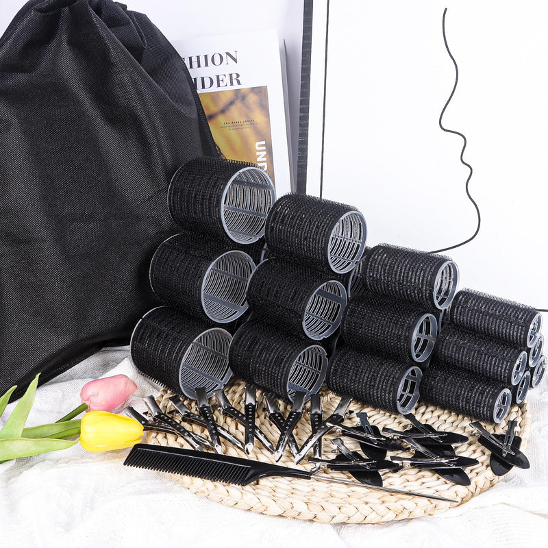 54 PCS Hair Rollers with Clips, Black Rollers for Hair, Jumbo Large Medium Small Hair Curlers Rollers for Long Medium Short Thick Fine Hair DIY Hairdressing (Black)