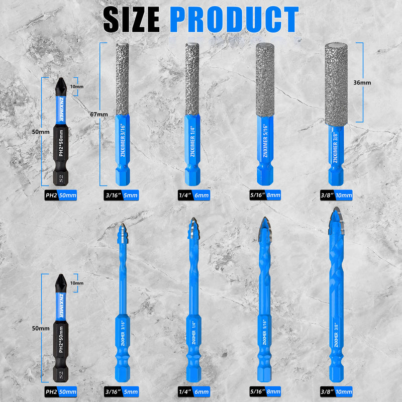 Diamond Drill Bits Set for Ceramic, Porcelain, Glass, Marble, Tile, Granite, Stone and More - 10pcs Tile Drill Bits for Efficient, Precise Drilling and Milling Set4-(3/16"D to 3/8"D)-10Pcs