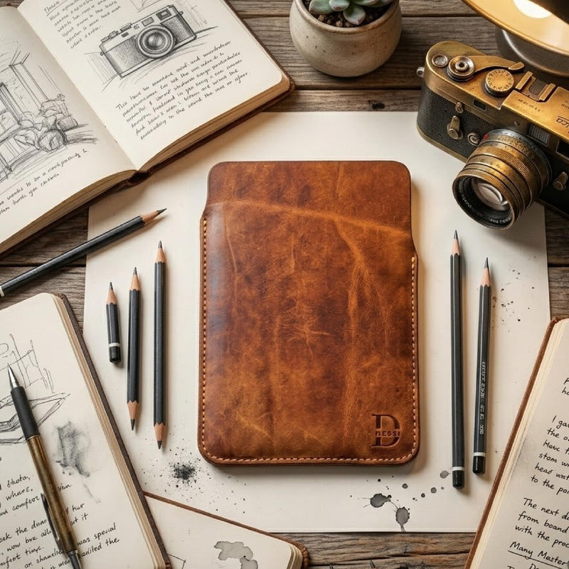 Dessi Handmade Crazy Horse Full Grain Leather Slim Sleeve Case for Standard Kindle Paperwhite (Not 2024), iPad mini, Kobo Ereader, Moleskine Pocket Journal, Field Notes - 8 Inch Travel Pouch Cover