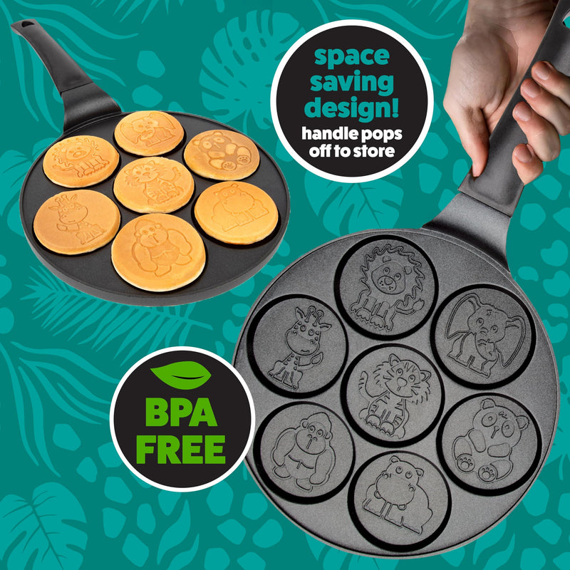 Animal Mini Pancake Pan- Make 7 Unique Flapjack Zoo Breakfast Friends | Includes Elephant, Giraffe, Lion, Tiger, Panda Gorilla & Hippo- Nonstick Pan Cake Maker Griddle for Morning Fun, Easy Cleanup