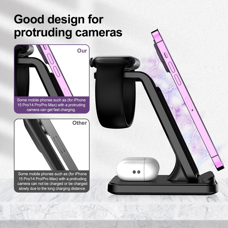 3 in 1 Wireless Charging Station, Fast Wireless Charger for iPhone 17 16 15 14 13 12 Pro Max Plus Air, Charger Stand for iWatch 11 10 9 8 7 6 5 4 3 2 Ultra SE, for Airpods 4 3 2 Pro Purple