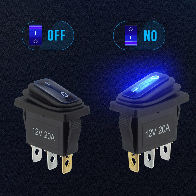12v Rocker Switch Waterproof 5 PCS - 12 Volt Toggle Switch with 3 20cm Detachable Wires, SPST 3 Pin On Off Switches Snap-in Design Square Switch with Blue LED Light for Car Boat Marine RV Truck KCD3