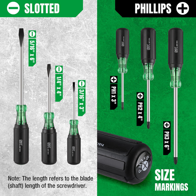SK 6-Piece Acetate Screwdriver Set, S2 Steel, 3 Slotted & 3 Phillips Screwdrivers, SureGrip Handle
