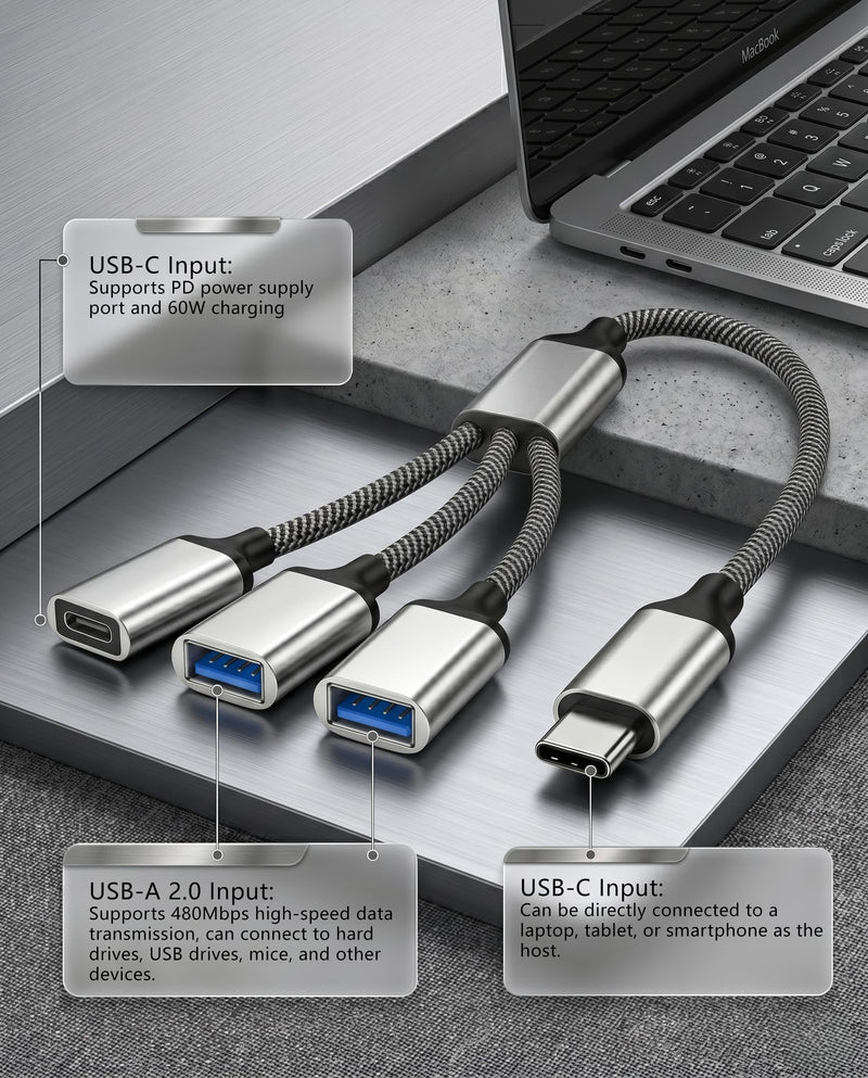 Type C Hub Adapter with Dual USB A and USB C Ports, 3 in 1