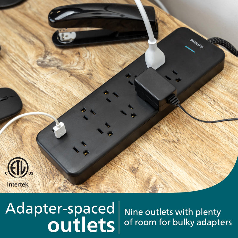 Philips 9-Outlet Surge Protector with USB Charging, 6ft Braided Extension Cord, 1USB-A, 1USB-C, 2400J, Adapter Spaced, Black - SPP3983B/37