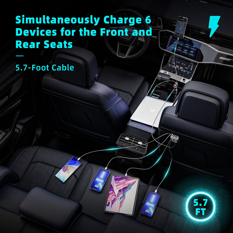 6 Multi Ports USB C Car Charger, 123W Fast Car Charger Adapter, PD 45W Compatible with iPhone16/Galaxy/Samsung S24, Type C Cigarette Lighter USB Charger with 5.7FT Cable for Rear Seat Charging(Black) CC60-Black 123W
