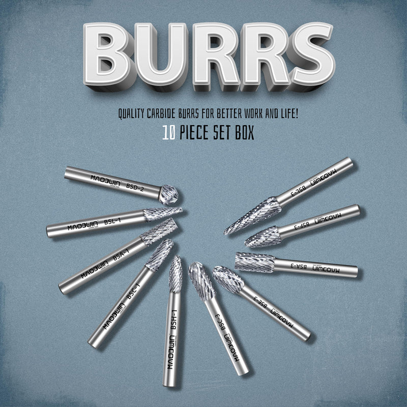 Carbide Burr Set,Tungsten Carbide Cutting Tools, Double Cut Rotary Files 1/4" Shank 10PCS Carbide Burr Bits High-Speed Spiral Fils for Metal, Plastic, Woodworking 10PC - 1/4" Shank