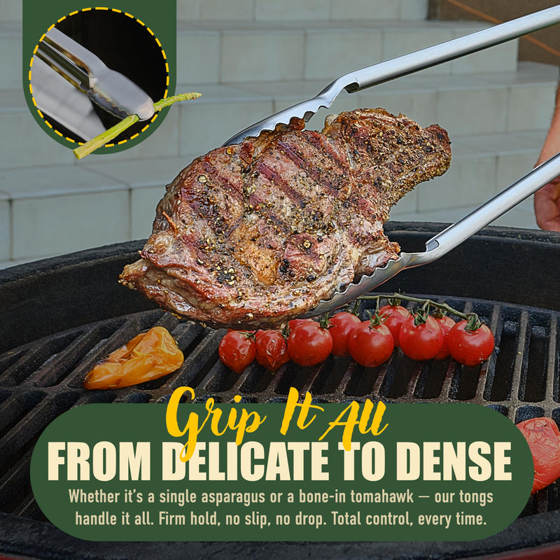 24 inch BBQ Tongs - 1 Year Warranty, 100% Stainless Steel Long Metal Grill Tongs for Outdoor Grill, Non Slip Handle, Locking Mechanism, Heat resistant, Pinzas de Cocina for steak, hot dog and more