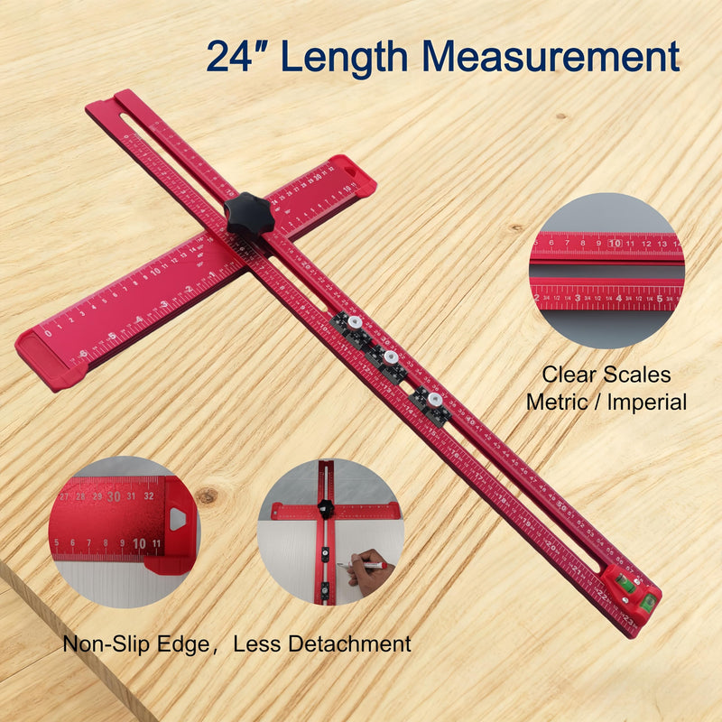 5-in-1 T Square Ruler 24 Inch, Multifunctional Drilling Positioning Ruler for Precision Hole Punching, Cabinet Hardware Jig, Adjustable Angle Ruler for Angle Measurement, Metric & Imperial