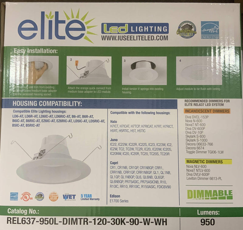 ELITE REL637-950L-DIMTR-120-30K-90-W-WH lED Retrofit Baffle Trim