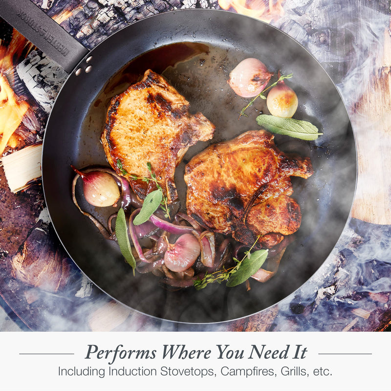 Merten & Storck Pre-Seasoned Carbon Steel 8” Frying Pan Skillet, Use on Induction, Stove and Grill, Durable, Even-Heating, for Searing, Grilling, Oven Use, and Campfire, Indoor/Outdoor 8" Frying Pan Skillet Black