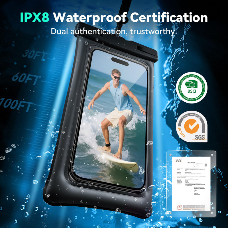 Floating Waterproof Phone Pouch 2 Pack - Dual Floatable Airbags Up to 7.2", IPX8 Waterproof Phone Dry Bag with Lanyard for Beach, for iPhone 17 16 15 Samsung Galaxy Etc., Black + Green