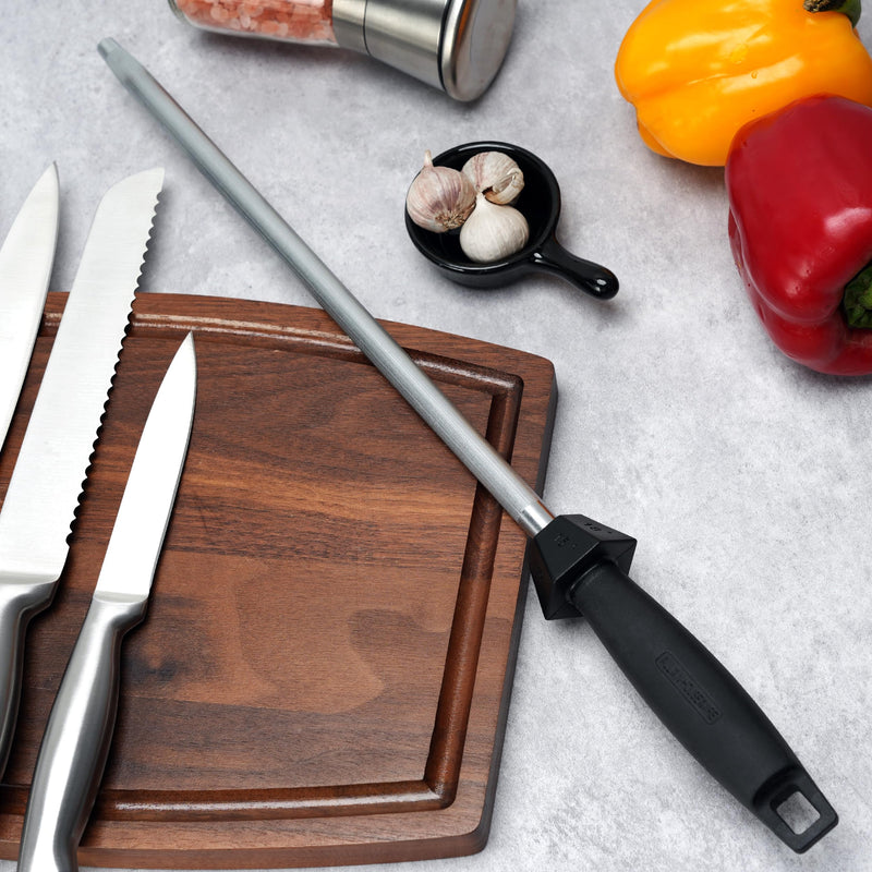 Knife Sharpener Knife Sharpening Rod Honing Steel with 15°-18°-20°Angle Guides Professional Carbon Steel with Black Rubber Grip for Kitchen Chef House Gift 12'' G Type-Black 12 inch