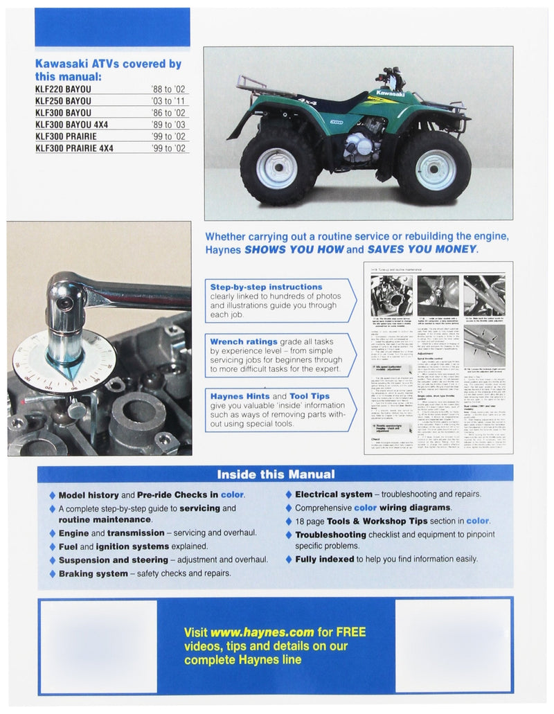 Kawasaki Bayou & Prairie ATV Haynes Repair Manual (1986 - 2011)