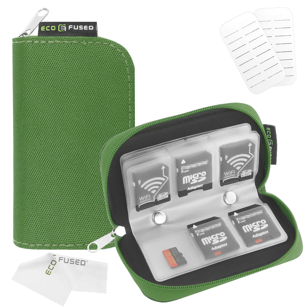 Eco-Fused Memory Card Case - Fits up to 22x SD, SDHC, Micro SD, Mini SD and 4X CF - Holder with 22 Slots (Green) Green