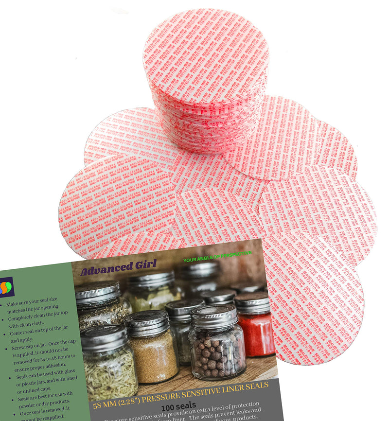 Torque Activated Pressure Sensitive Seals Cap Liners -58 mm (2.28")-Made in USA- 100 PCS - for Glass & Plastic Jars - No Induction Sealer Needed