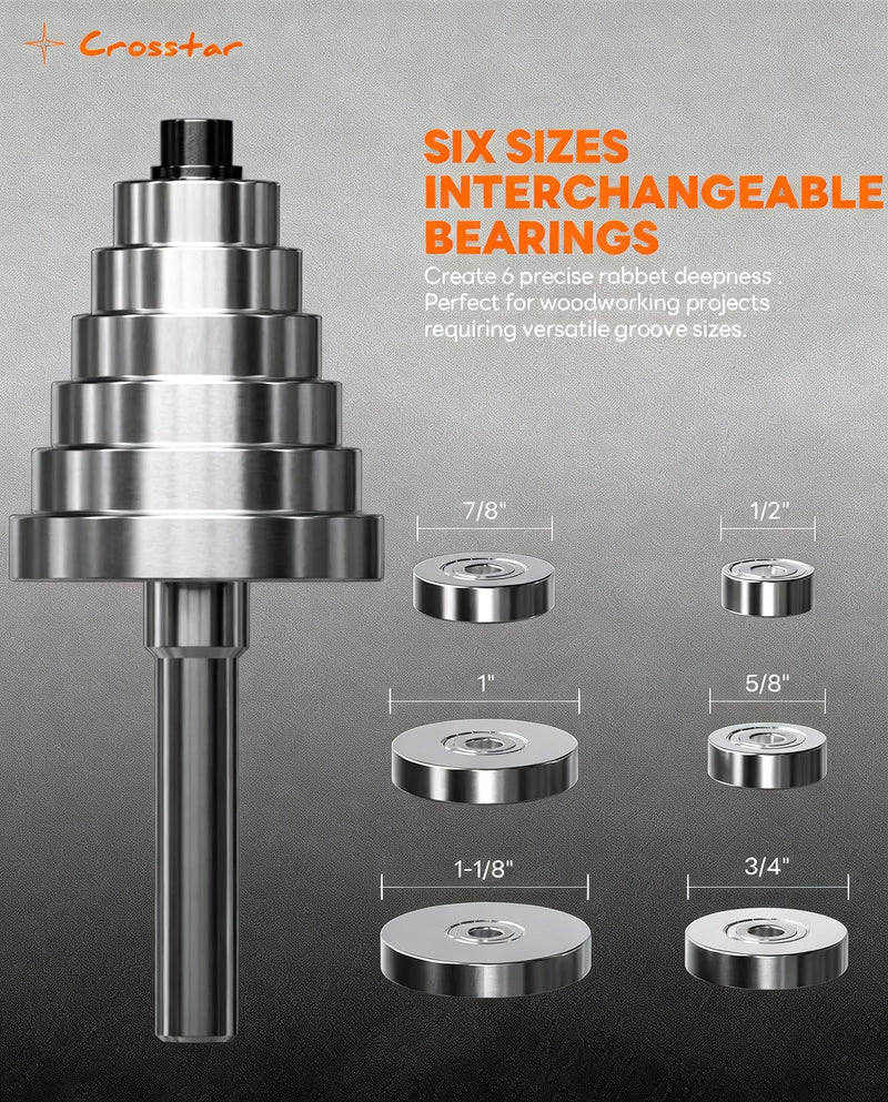 Crosstar 6Pcs Rabbeting Router Bit Set with 6 Bearings - 1/4" Shank Carbide Tipped Bits for Woodworking - Includes 1/4", 5/16", 3/8", 1/2", 3/16", 5/8" Height Cutters & 6 Sizes Bearings