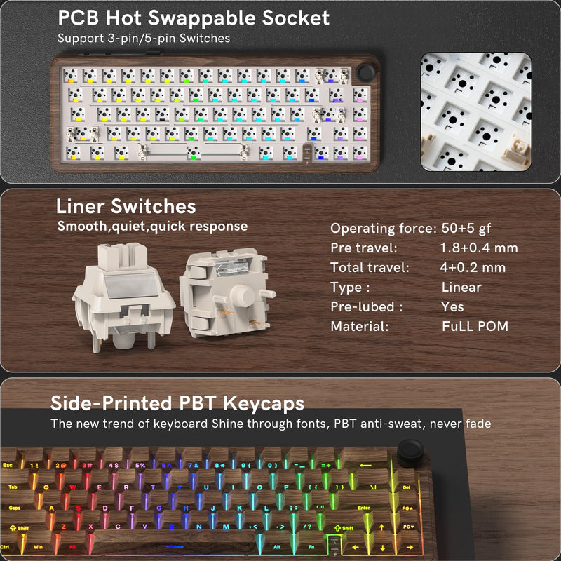 womier L65 60% Brown Mechanical Keyboard with Knob,4000mAh,Tri Mode USB-C/BT5.0/2.4G,RGB Backlit,Hot Swap,Linear Switch,Gasket Mounted Wireless Gaming Keyboard for PC/Mac,Wood Pattern Theme Wood Pattern theme