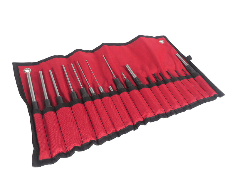 Taytools 466125 18 Piece Roll Pin Punch Set with 8 Inch Long and 4 Inch Short Pins, Includes Sizes 1/16 Through 3/8 Inch, Automatic Center Punch in Canvas Storage Pouch