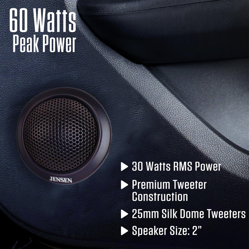 Jensen APEX JSTW2 2" Silk Dome Car Tweeters Pair 60W Peak Component Set | 25mm silk dome tweeters, 25mm KSV voice coil, 30W RMS power, crisp clear high tones, component add-on, not full-range