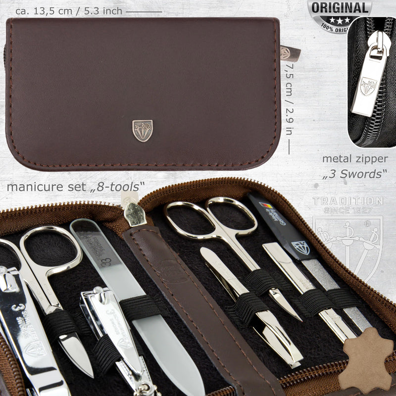 3 Swords Germany - brand quality 8 piece manicure pedicure grooming kit set for professional finger & toe nail care genuine leather case in gift box, Made in Germany BROWN - GENUINE LEATHER