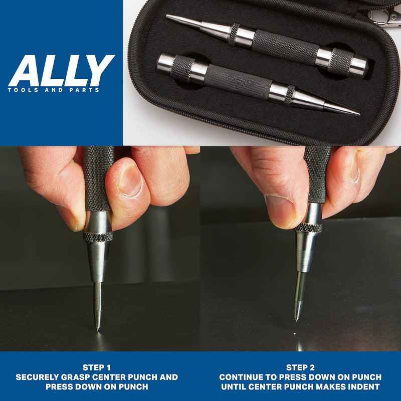 ALLY Tools Heavy Duty Automatic Center Punch w/Hardened Steel – 2PC Premium Automatic Center Punch for Metal for Machinists and Carpenters w/Adjustable Knurled Cap, Spring Loaded and Hard-Shell Case