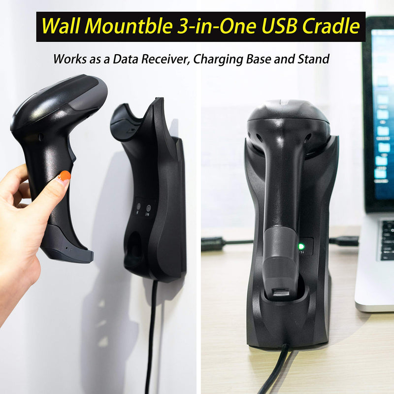 TEEMI 1D 2D Bluetooth Barcode Scanner with Intelligent USB Cradle Wall Mounted, Auto Activate Omni-Directional Hands-Free Scanning, Wireless Charging and Bluetooth 5.0 Technology (Black)