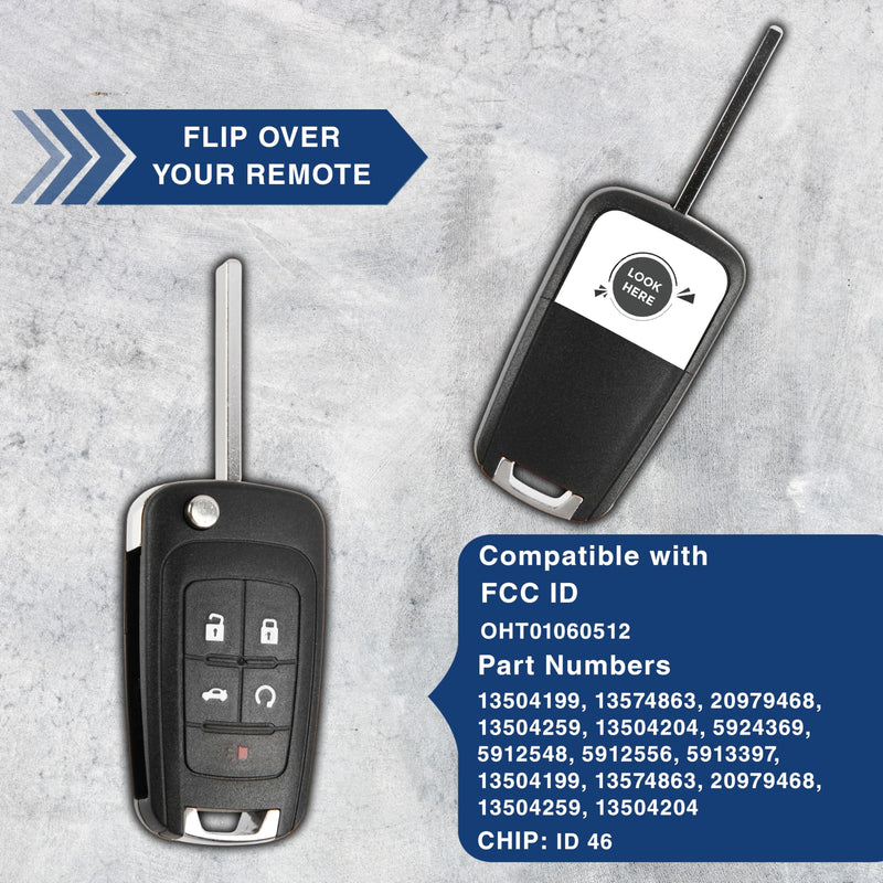 KeylessOption Key Fob Replacement for 2010 2011 2012 2013 2014 2015 2016 2017 2018 2019 Buick Encore Chevrolet Chevy Camaro Equinox Impala Malibu GMC Terrain Remote, 5-Button OHT01060512 1-Pack