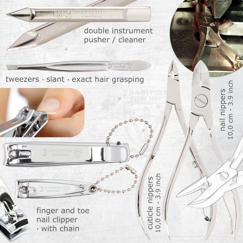 3 Swords Germany - brand quality 10 piece manicure pedicure grooming kit set for professional finger & toe nail care scissors clipper fashion leather case in gift box, Made by 3 Swords (00286) Black