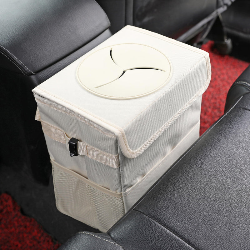 Car Garbage can with lid Leak Proof Vehicle Trash Can 3 Storage Pockets Hanging Waterproof car Trash Bag for SUV Beige