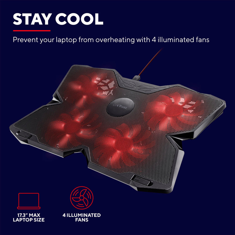 Trust Gaming GXT 278 Yozu Laptop Cooling Stand, Cooler for 17.3 inch Laptops, Height Adjustable Stand, 4 Illuminated Fans, Adjustable Fan Speed - Black
