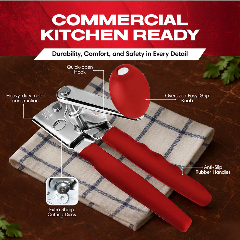 Chef Master Commercial Can Opener Heavy Duty - Manual Hand Crank for Large Cans with Anti-Slip Grip - Stainless Steel Restaurant Can Opener Manual for Seniors, Kitchen, Bars & Food Trucks - 90056 Heavy Duty 1 Pack