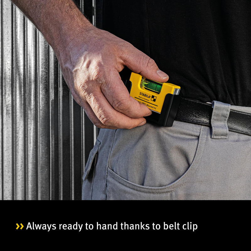STABILA Pocket PRO Magnetic mini spirit level with belt clip, 7 cm, strong rare earth magnet, 1 horizontal level, made in Germany, yellow, 15 x 8 x 20 cm 7cm
