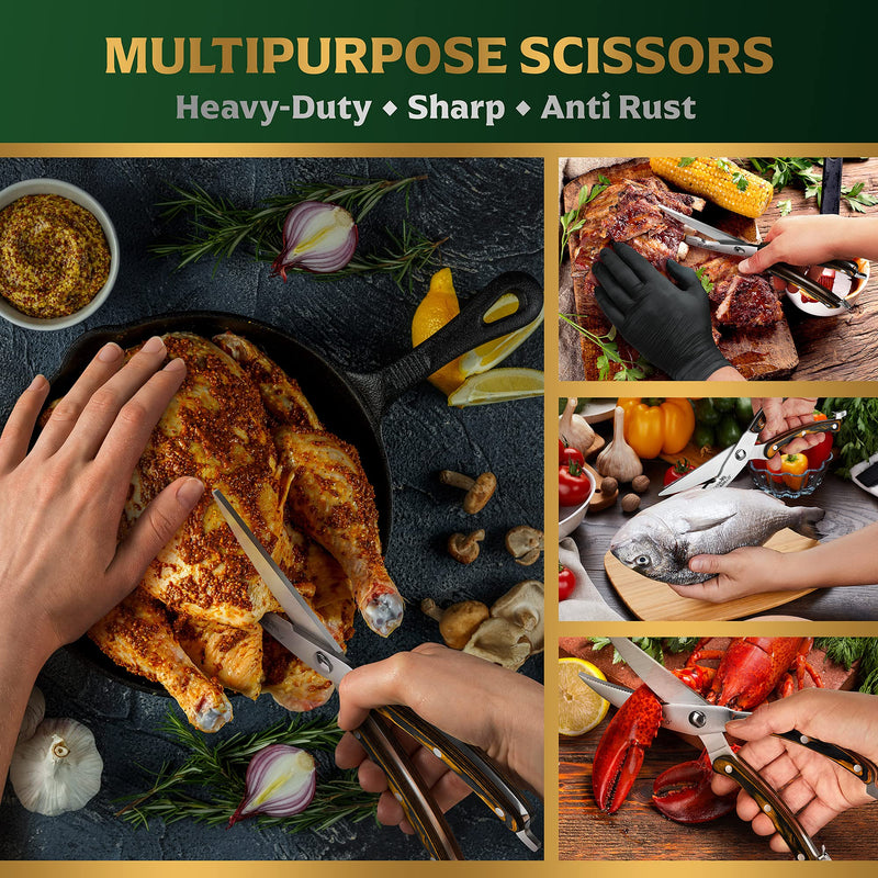 Heavy Duty Stainless Steel Poultry Shears For Bone, Chicken, Meat, Fish, Seafood, Vegetables. Premium Spring Loaded Food Scissors. One piece Kitchen Shears. (Brown Wooden Handles) Brown Wooden Handles