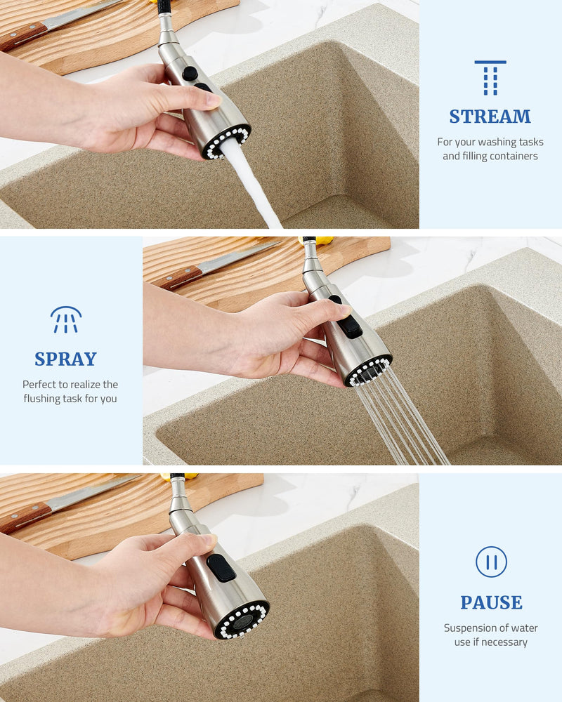 Metal Kitchen Faucet Head Replacement - Pull Down Sprayer Head for Kitchen Faucet, 3-Function Spray Nozzle with 15 Adapters, Sink Faucet Head Replacement Stainless Steel, Brushed Nickel