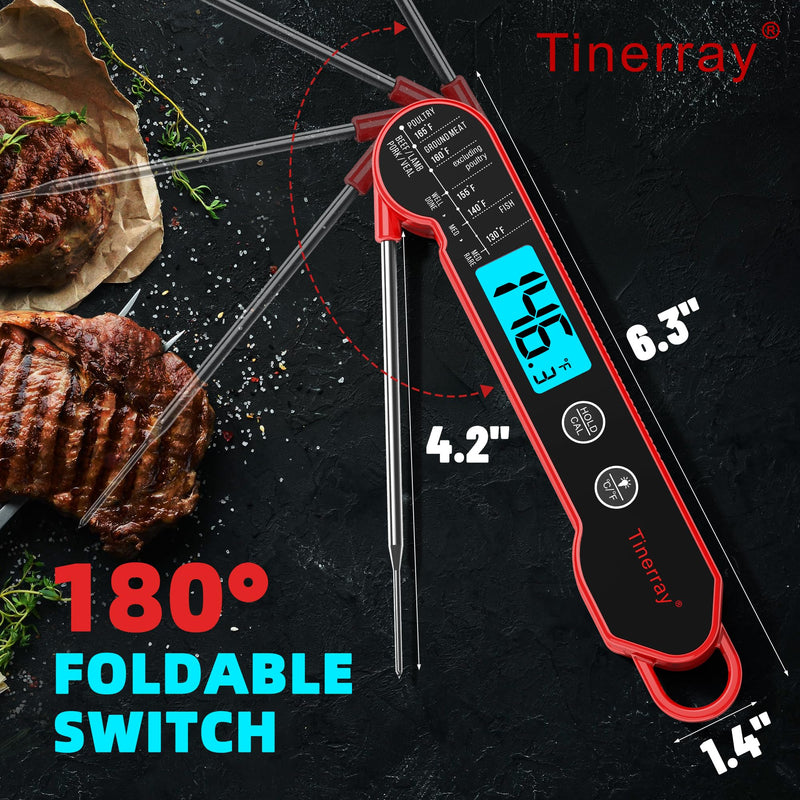  [AUSTRALIA] - Digital Meat Thermometer for Cooking – Waterproof Instant Read Food Thermometer with Backlight & Calibration, Fast Read, Folding Probe for BBQ, Grill, Candy, Deep Fry, Kitchen, Liquids, Beef（Red） Red