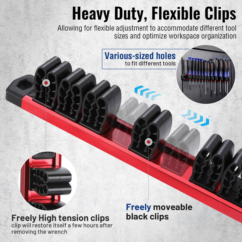 WORKPRO Magnetic Screwdriver Organizer and Wrench Organizer, Aluminum Rail Magnetic Tool Organizer, Tool Holder, Toolbox Organization, 36-Slot Screwdriver and Wrench Holder (Tools not Included) 3 Pack Red