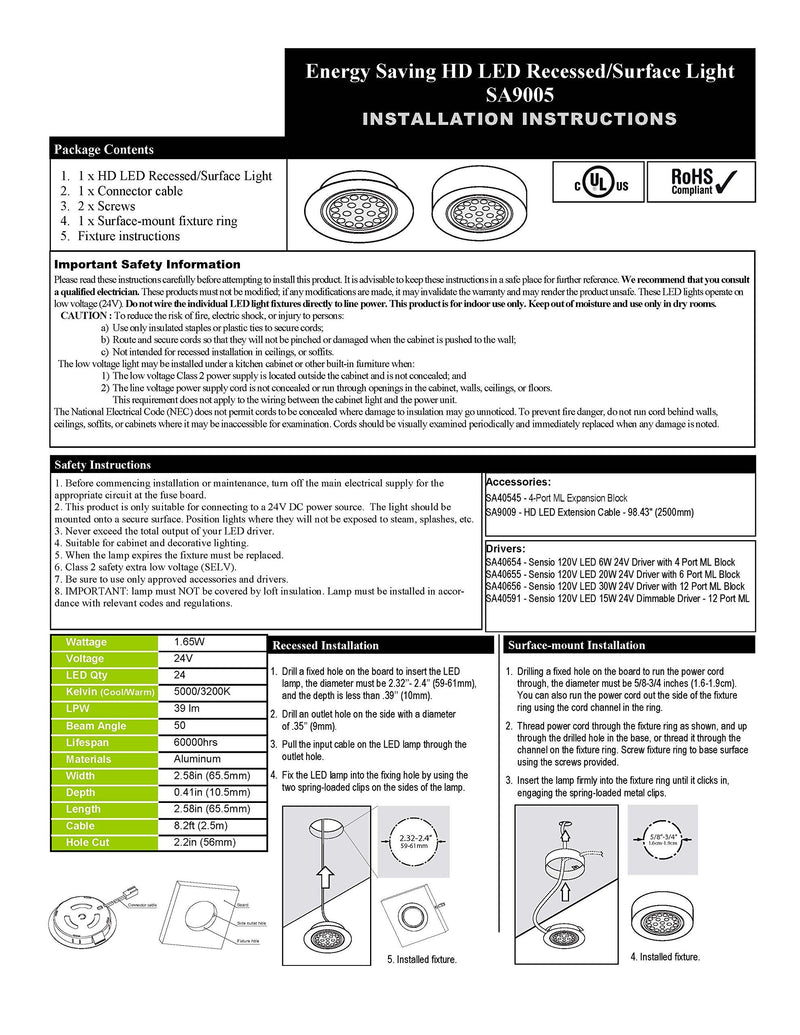 Transolid SA9005HDALWW Sensio HD LED 24V 1.65W Aluminum Recess-Surface Puck Light, Warm White