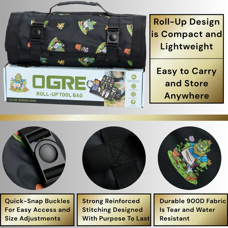 Garden Tool Bag, Roll-Up Garden Tool Holder with Deep Pockets | 900D Polyester Heavy Duty Gardening Tote | Compact Washable Organizer for Tools, Seeds, and Essentials (Tools Not Included) Ogre Print