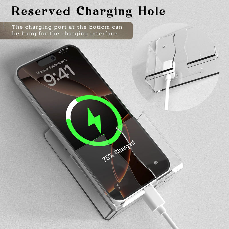 Clear Wall Mount Phone Holder with Charging Hole, Self-Adhesive Cell Phone Stand & Remote Control Organizer, Space-Saving Bedside Cradle Compatible with iPhone & Android, Clear