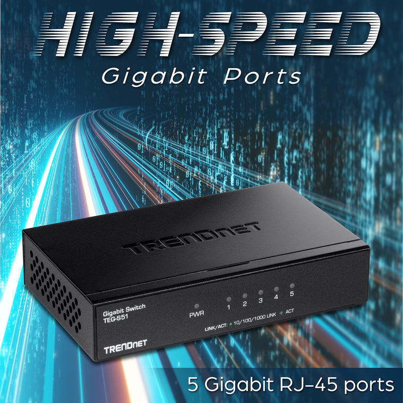 TRENDnet Gigabit Desktop Switch, TEG-S51, 5 x Gigabit RJ-45 Ports, Ethernet Splitter, 10Gbps Switching Capacity, Fanless Design, Metal Enclosure, Lifetime Protection 5-Port Gigabit